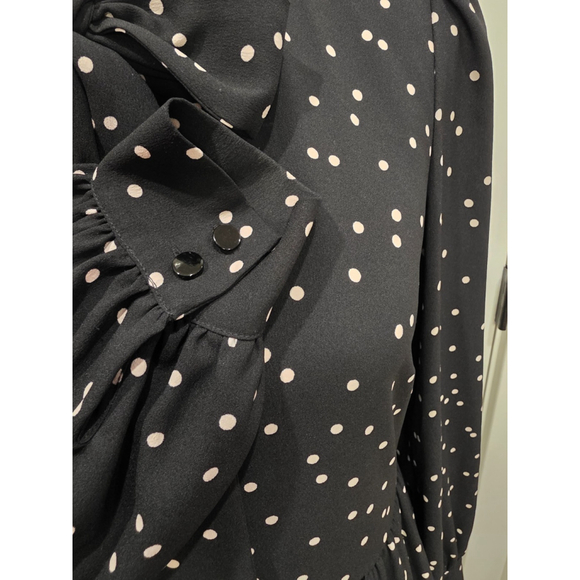 Kate Spade Polka Dot Bow Neck Tie Dress Black Ruffle Hem Long Sleeve Size 6 Bow - Picture 9 of 12